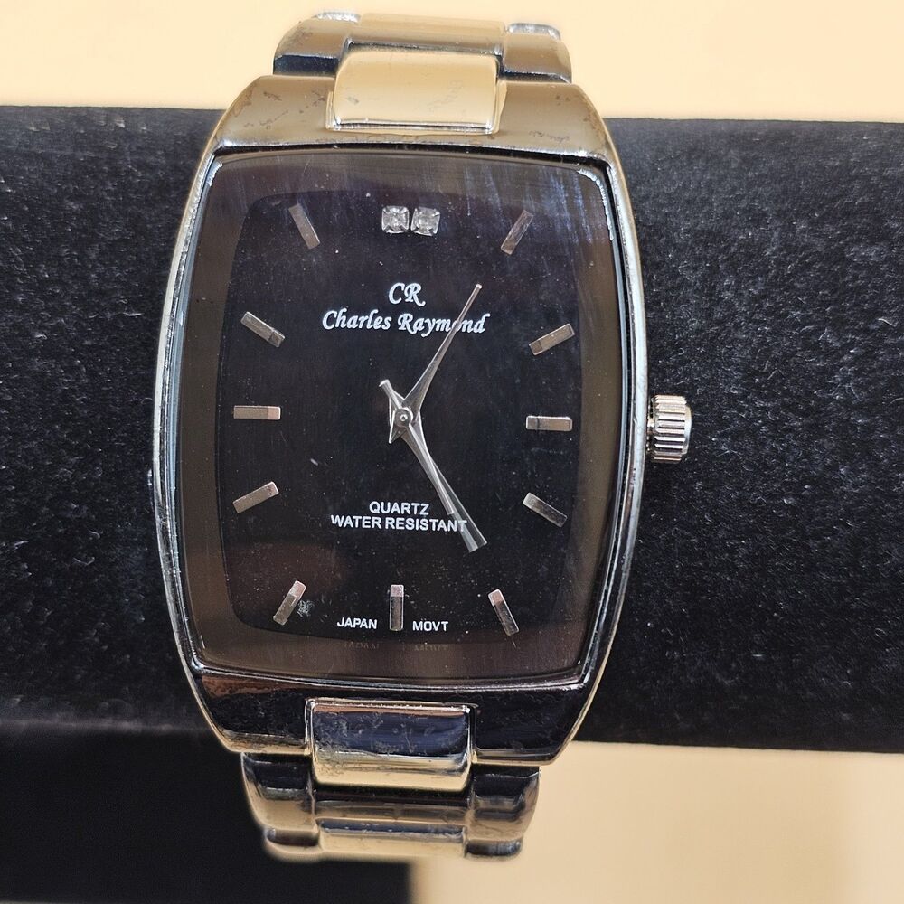 Vintage Charles Raymond V1096G Men Tank Watch Black Dial New Battery Runs Great